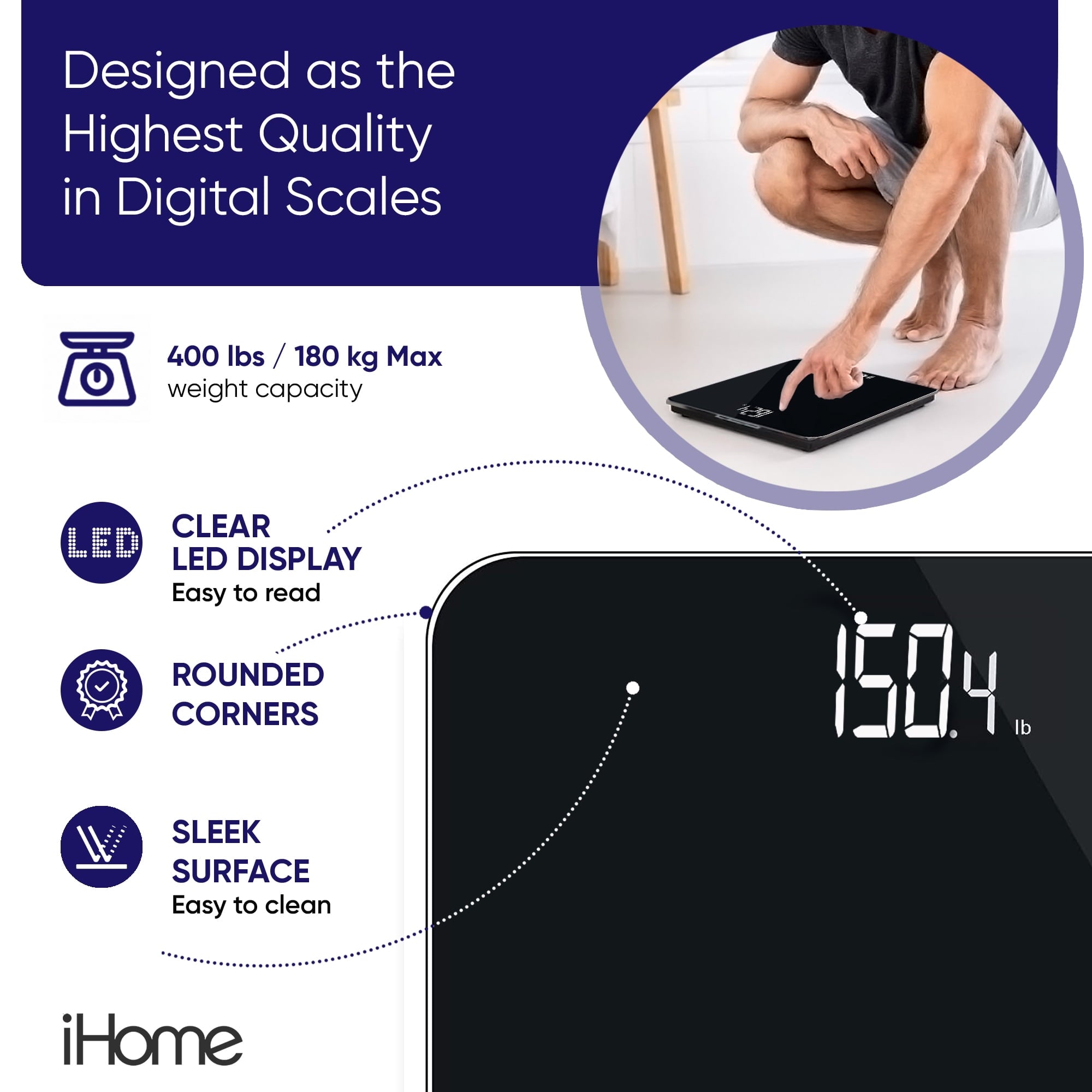 iHome Digital Battery Powered Bathroom Scale 397 lbs with Fit+ Personal Coach App, FSA and HSA Eligible, Black