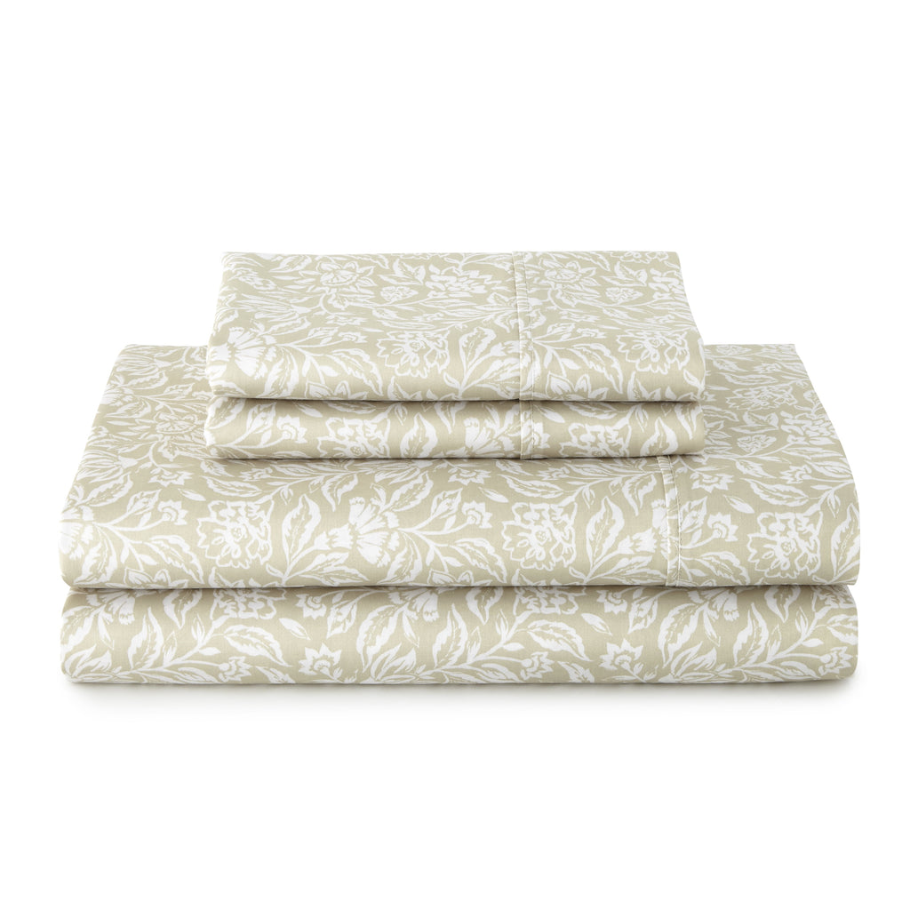 Better Homes & Gardens 4-Piece 300 Thread Count Sateen King Sheet Set, Floral Almond Biscuit