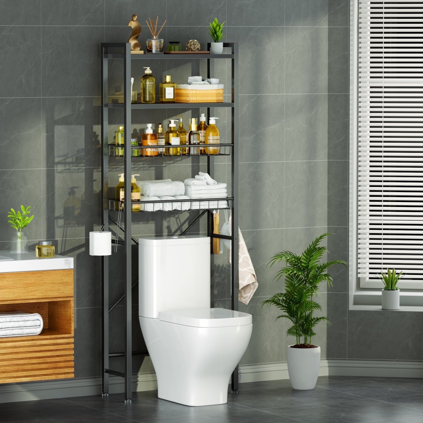 Capri Over The Toilet Storage Shelf, 4-Tier Freestanding Bathroom Organizers and Storage, above Toilet Space Saver Rack with Adjustable Shelves, Toilet Paper Holder and 9-Hooks, Rustic Brown